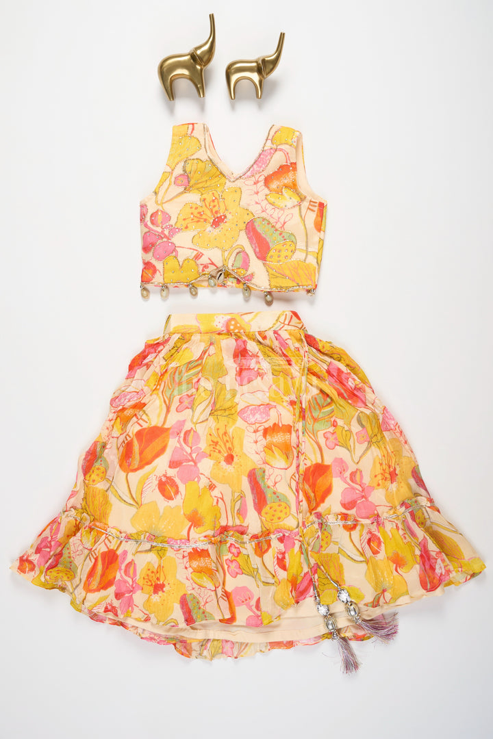 The Nesavu Girls Lehenga Choli Vibrant Multicolored Floral Print Girls Lehenga Choli in Yellow, Pink, and Green Nesavu Nesavu Multicolored Floral Girls Lehenga Choli Yellow Playful Tassel Festive Wear