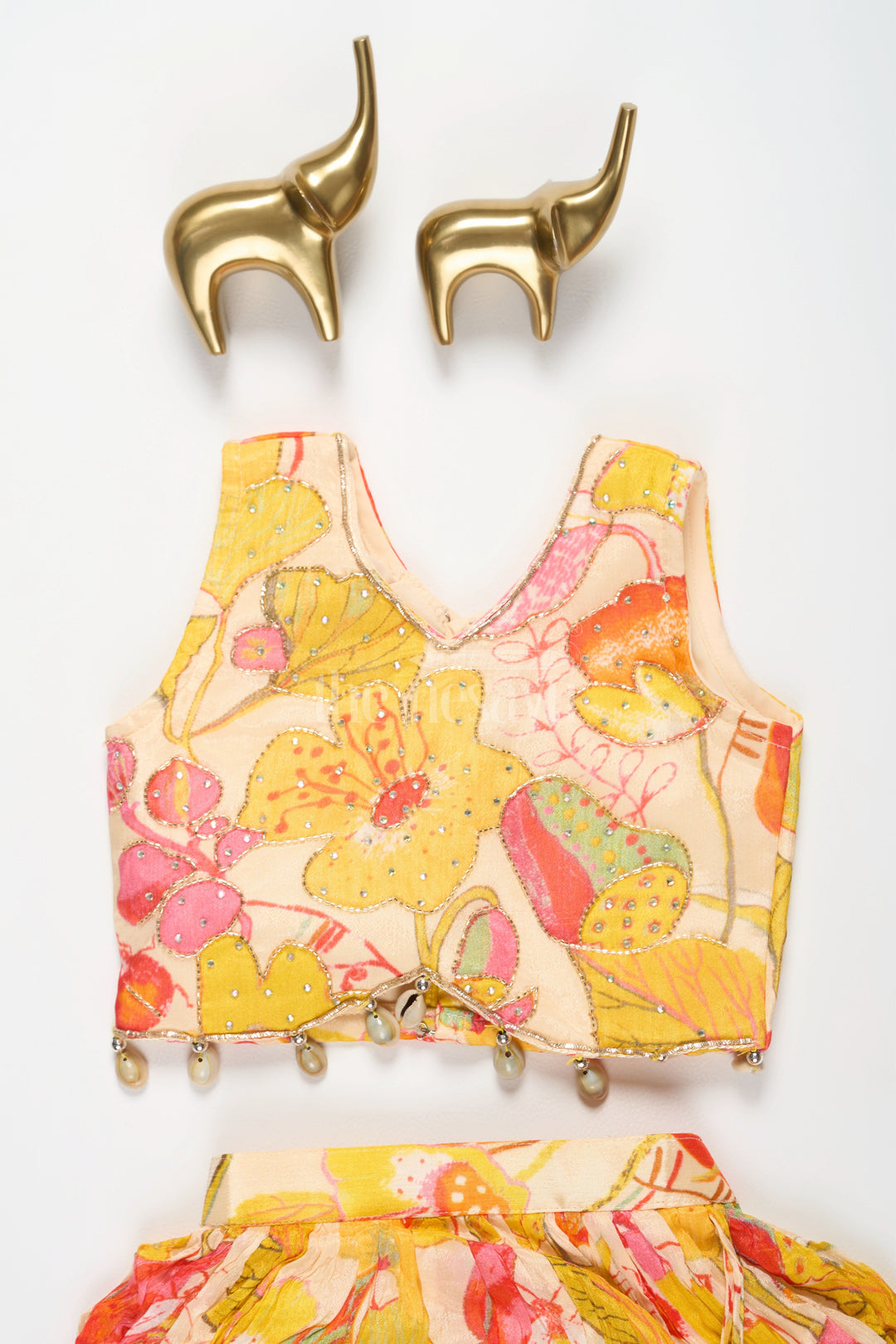 The Nesavu Girls Lehenga Choli Vibrant Multicolored Floral Print Girls Lehenga Choli in Yellow, Pink, and Green Nesavu Nesavu Multicolored Floral Girls Lehenga Choli Yellow Playful Tassel Festive Wear