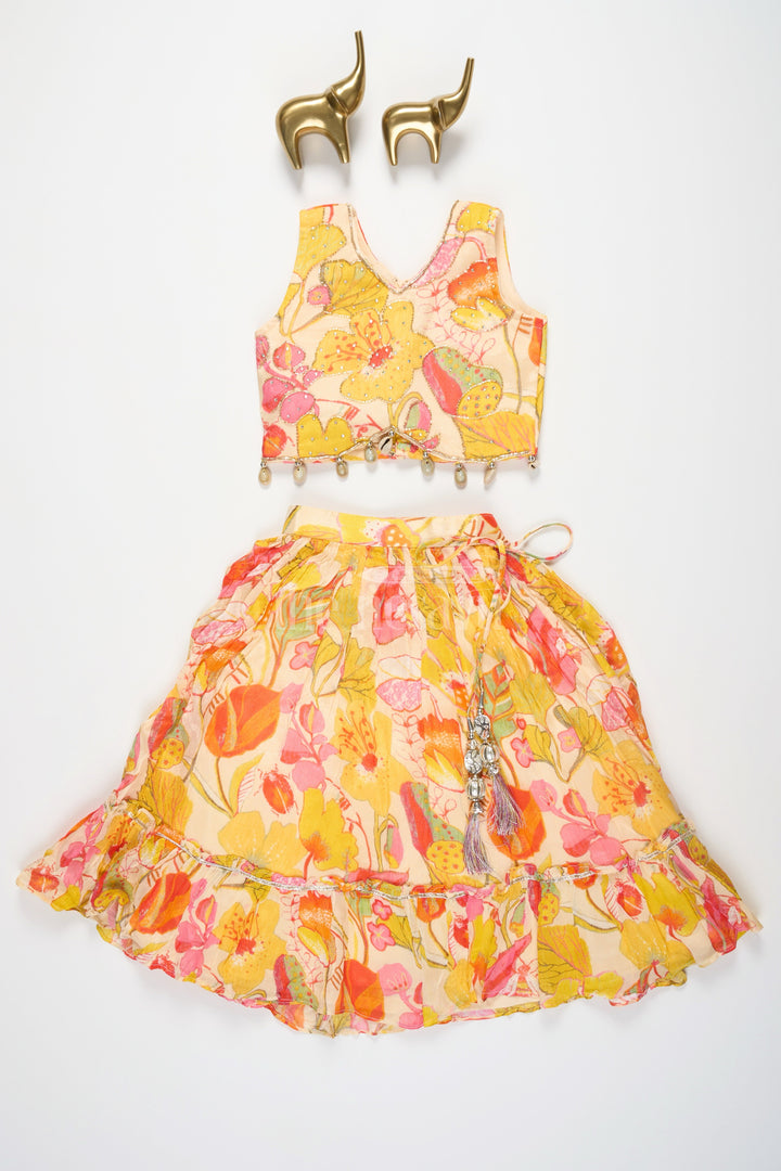The Nesavu Girls Lehenga Choli Vibrant Multicolored Floral Print Girls Lehenga Choli in Yellow, Pink, and Green Nesavu Nesavu Multicolored Floral Girls Lehenga Choli Yellow Playful Tassel Festive Wear