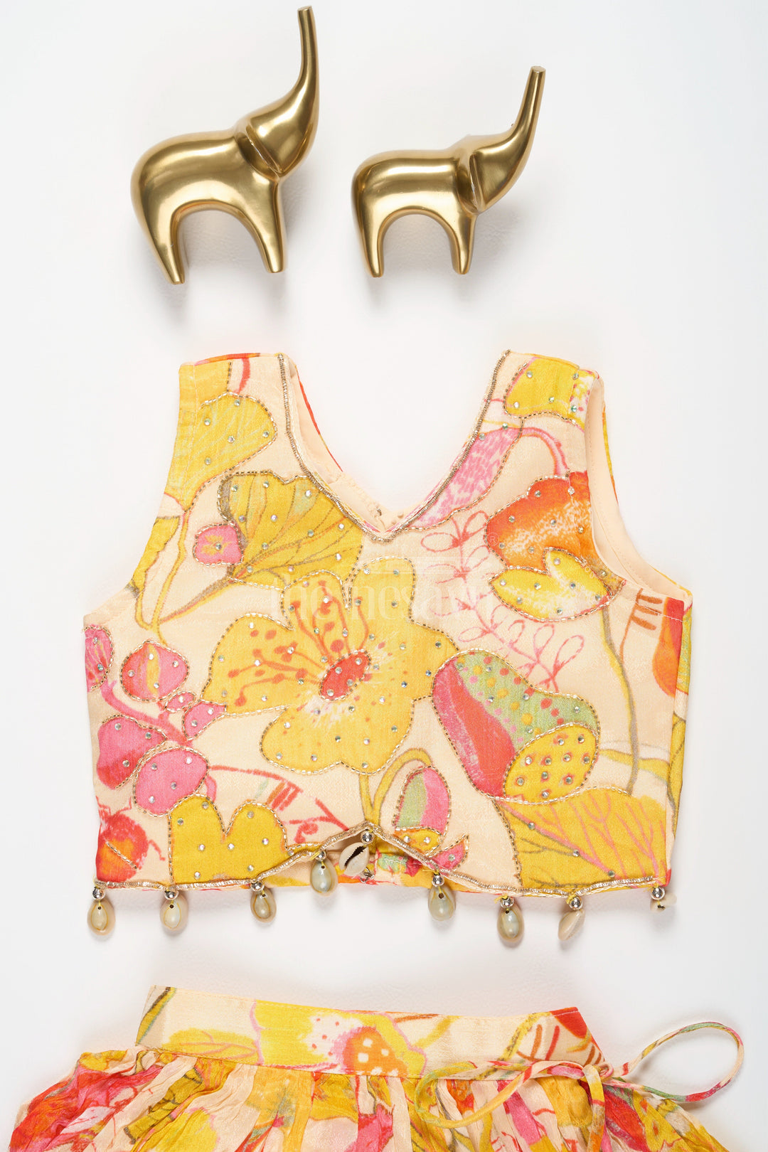 The Nesavu Girls Lehenga Choli Vibrant Multicolored Floral Print Girls Lehenga Choli in Yellow, Pink, and Green Nesavu Nesavu Multicolored Floral Girls Lehenga Choli Yellow Playful Tassel Festive Wear