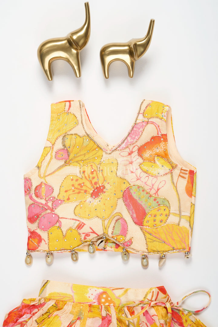 The Nesavu Girls Lehenga Choli Vibrant Multicolored Floral Print Girls Lehenga Choli in Yellow, Pink, and Green Nesavu Nesavu Multicolored Floral Girls Lehenga Choli Yellow Playful Tassel Festive Wear
