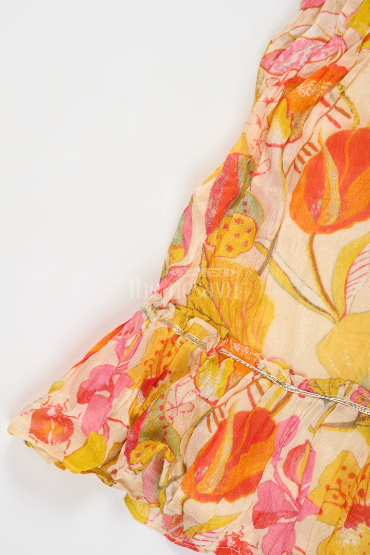 The Nesavu Girls Lehenga Choli Vibrant Multicolored Floral Print Girls Lehenga Choli in Yellow, Pink, and Green Nesavu Nesavu Multicolored Floral Girls Lehenga Choli Yellow Playful Tassel Festive Wear