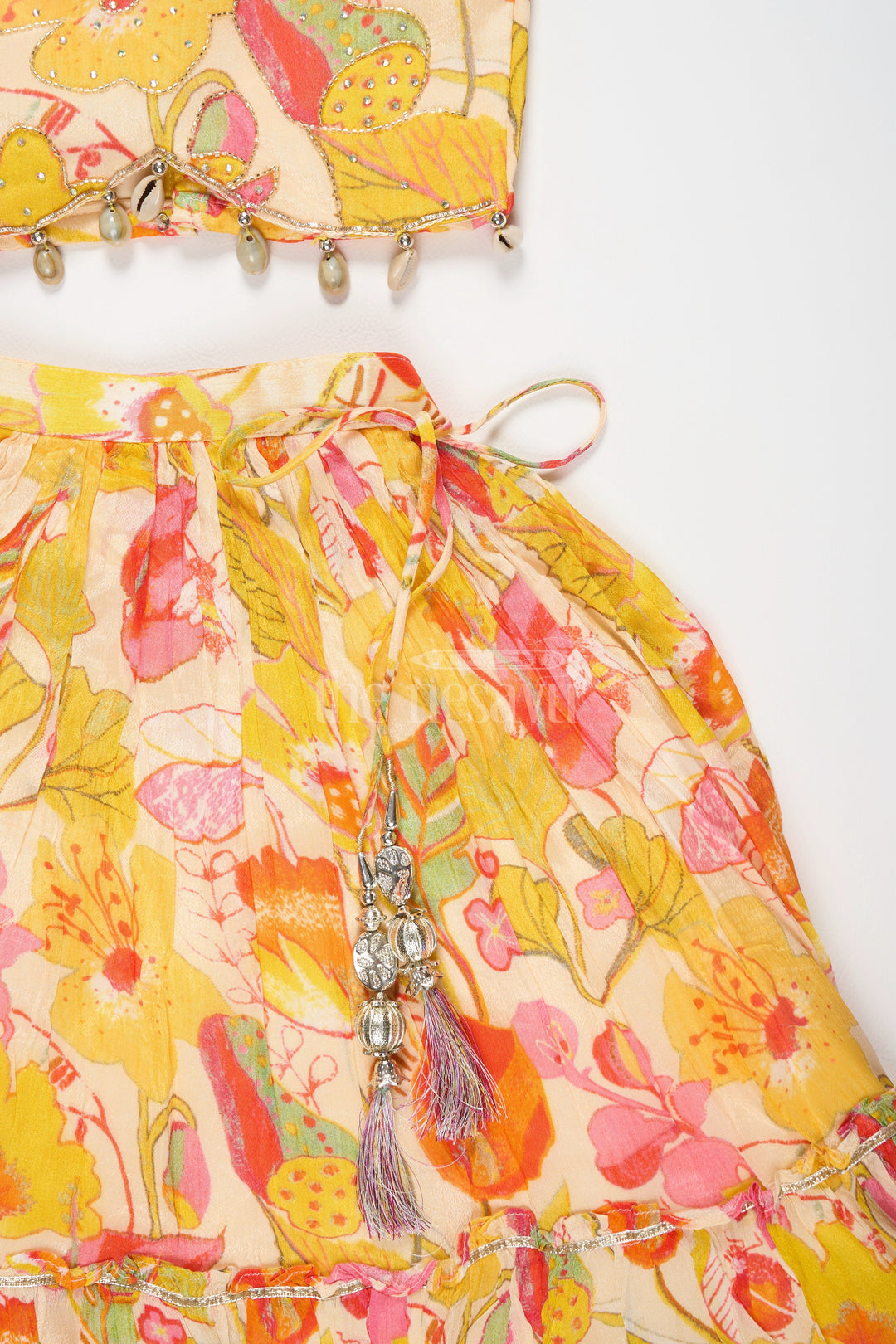 The Nesavu Girls Lehenga Choli Vibrant Multicolored Floral Print Girls Lehenga Choli in Yellow, Pink, and Green Nesavu Nesavu Multicolored Floral Girls Lehenga Choli Yellow Playful Tassel Festive Wear