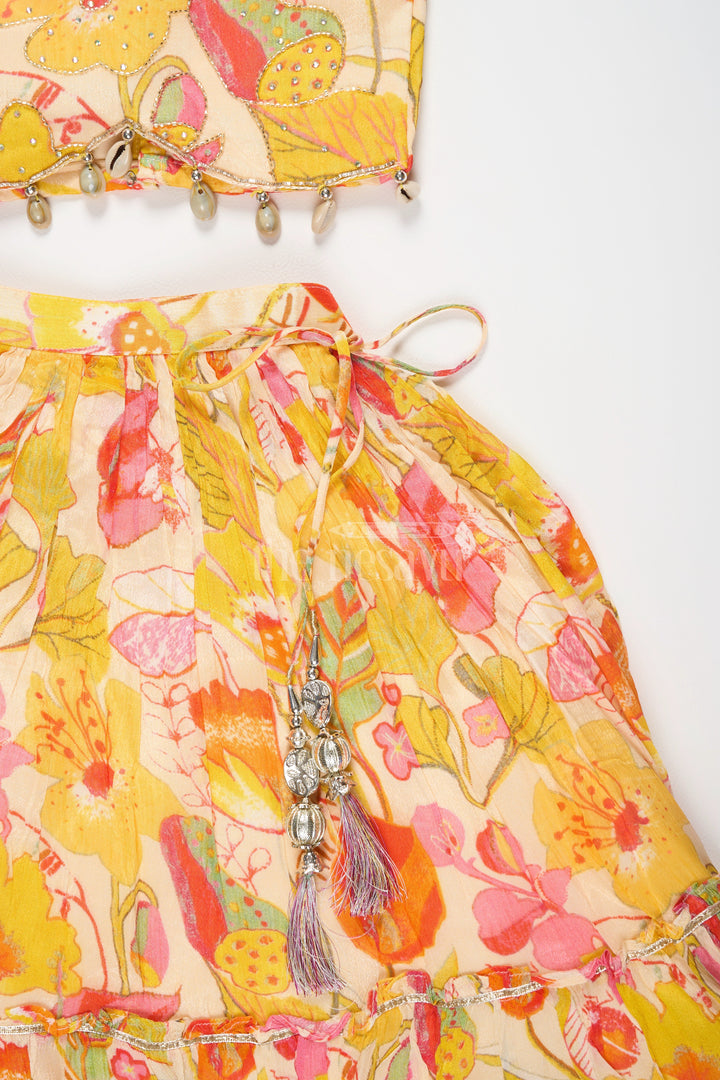 The Nesavu Girls Lehenga Choli Vibrant Multicolored Floral Print Girls Lehenga Choli in Yellow, Pink, and Green Nesavu Nesavu Multicolored Floral Girls Lehenga Choli Yellow Playful Tassel Festive Wear