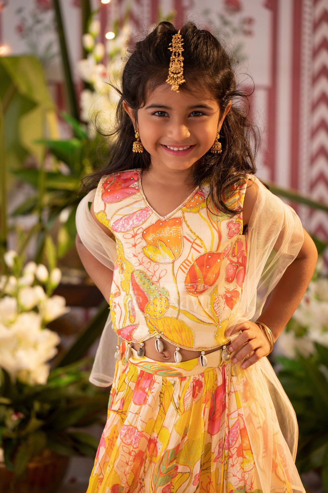 The Nesavu Girls Lehenga Choli Vibrant Multicolored Floral Print Girls Lehenga Choli in Yellow, Pink, and Green Nesavu Nesavu Multicolored Floral Girls Lehenga Choli Yellow Playful Tassel Festive Wear