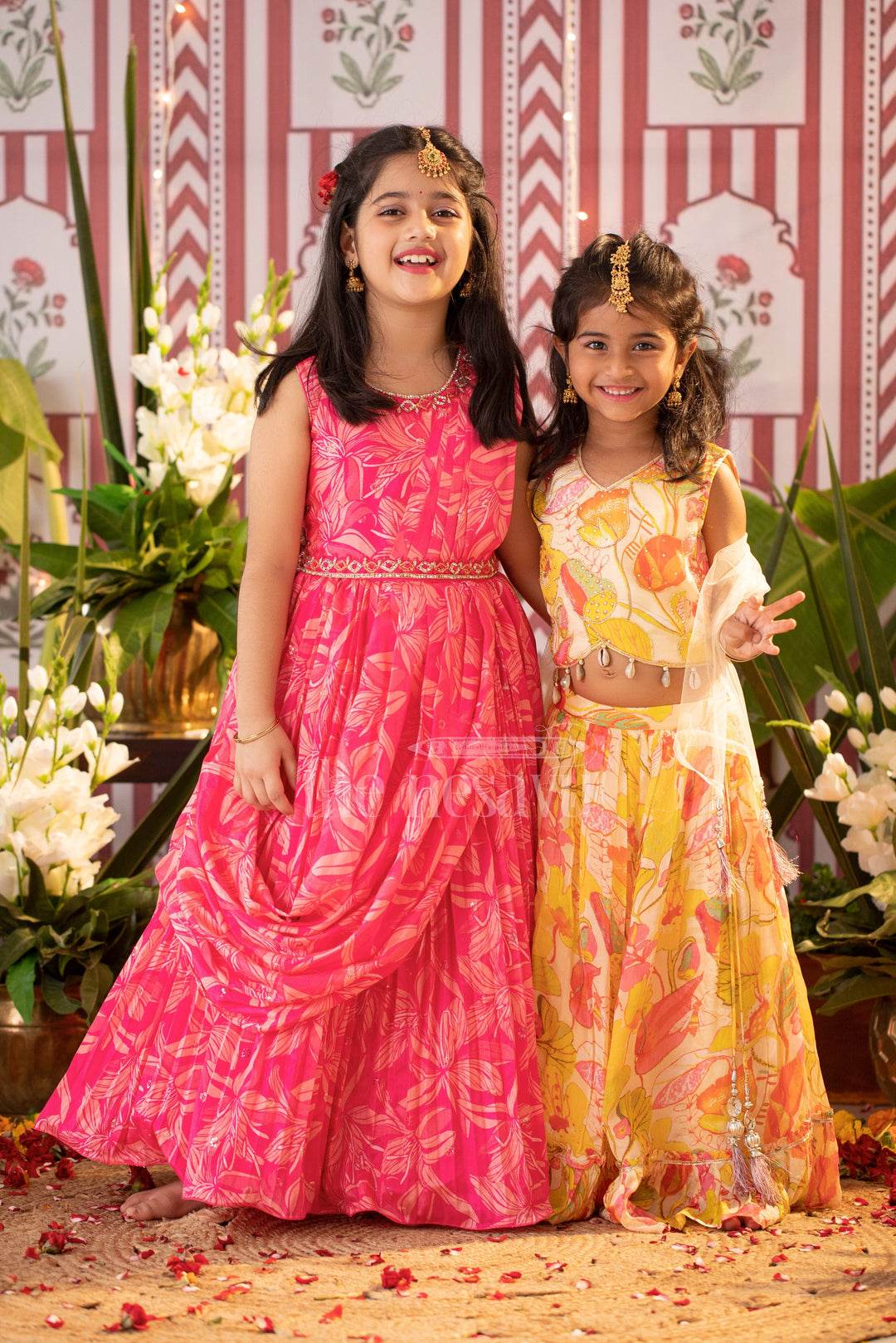 The Nesavu Girls Lehenga Choli Vibrant Multicolored Floral Print Girls Lehenga Choli in Yellow, Pink, and Green Nesavu Nesavu Multicolored Floral Girls Lehenga Choli Yellow Playful Tassel Festive Wear