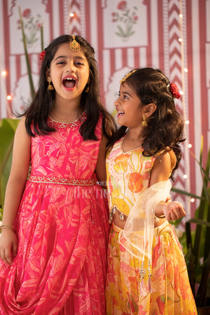 The Nesavu Girls Lehenga Choli Vibrant Multicolored Floral Print Girls Lehenga Choli in Yellow, Pink, and Green Nesavu Nesavu Multicolored Floral Girls Lehenga Choli Yellow Playful Tassel Festive Wear
