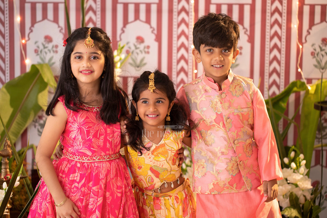 The Nesavu Girls Lehenga Choli Vibrant Multicolored Floral Print Girls Lehenga Choli in Yellow, Pink, and Green Nesavu Nesavu Multicolored Floral Girls Lehenga Choli Yellow Playful Tassel Festive Wear