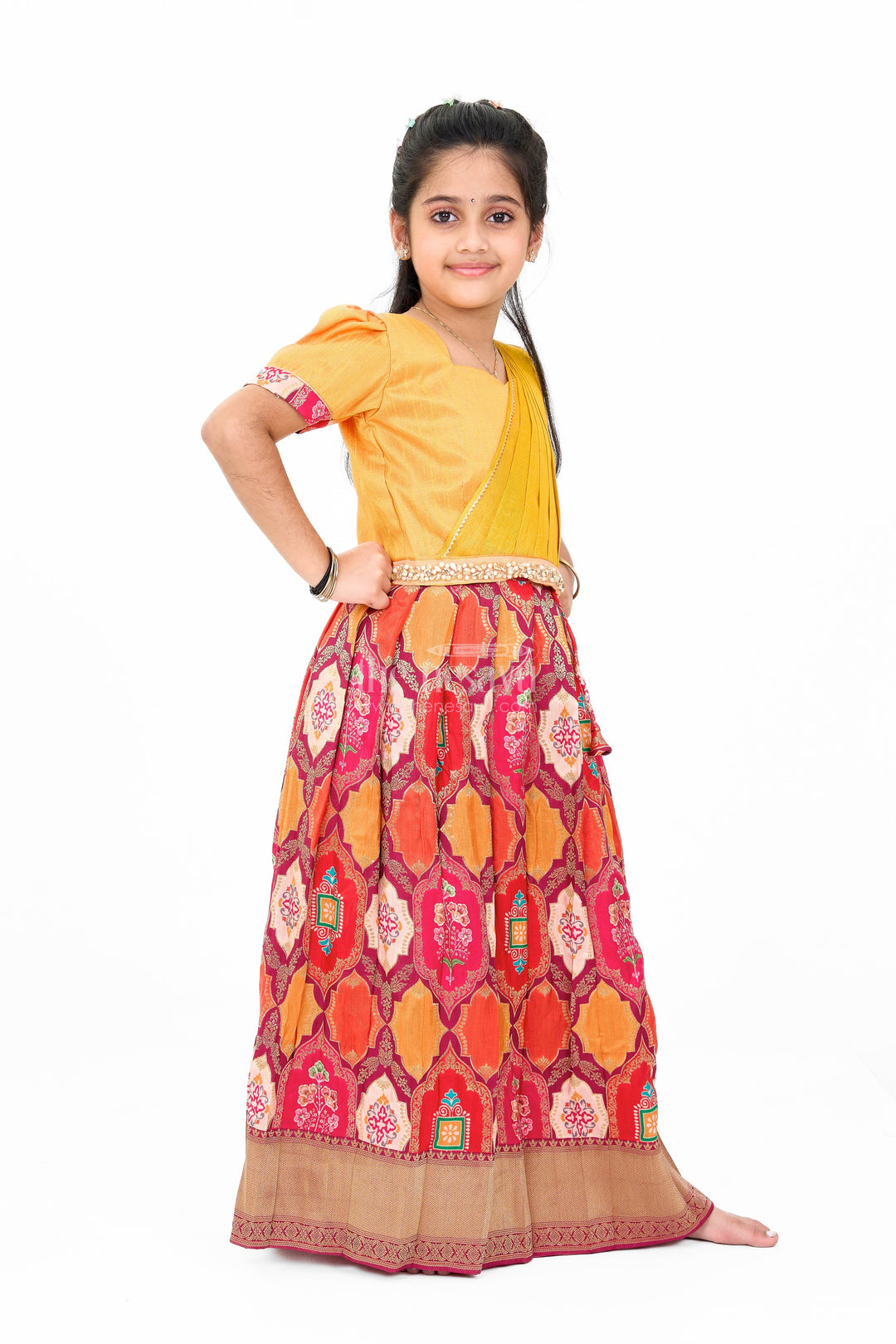The Nesavu Girls Lehenga Choli Vibrant Mustard and Red Silk Lehenga Choli for Girls with Embroidered Dupatta Nesavu Nesavu Mustard Red Silk Lehenga Choli Girls Embroidered Dupatta
