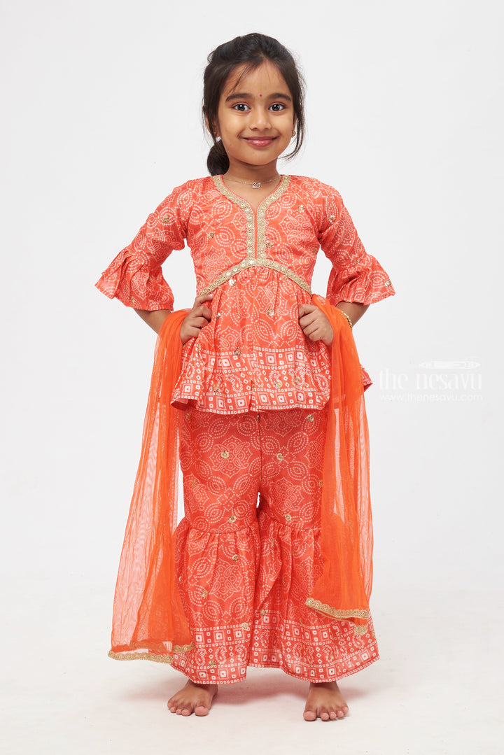 The Nesavu Girls Sharara / Plazo Set Vibrant Orange Alia Set: Bandhani Printed & Sequin Embroidered Kurti with Gharara - Indian Dresses for Trendy Girls Nesavu 16 (1Y) / Orange / Georgette GPS202A-16 Girls Modern Kurti with Gharara Set Online | Printed Kurti Set for Girls | The Nesavu