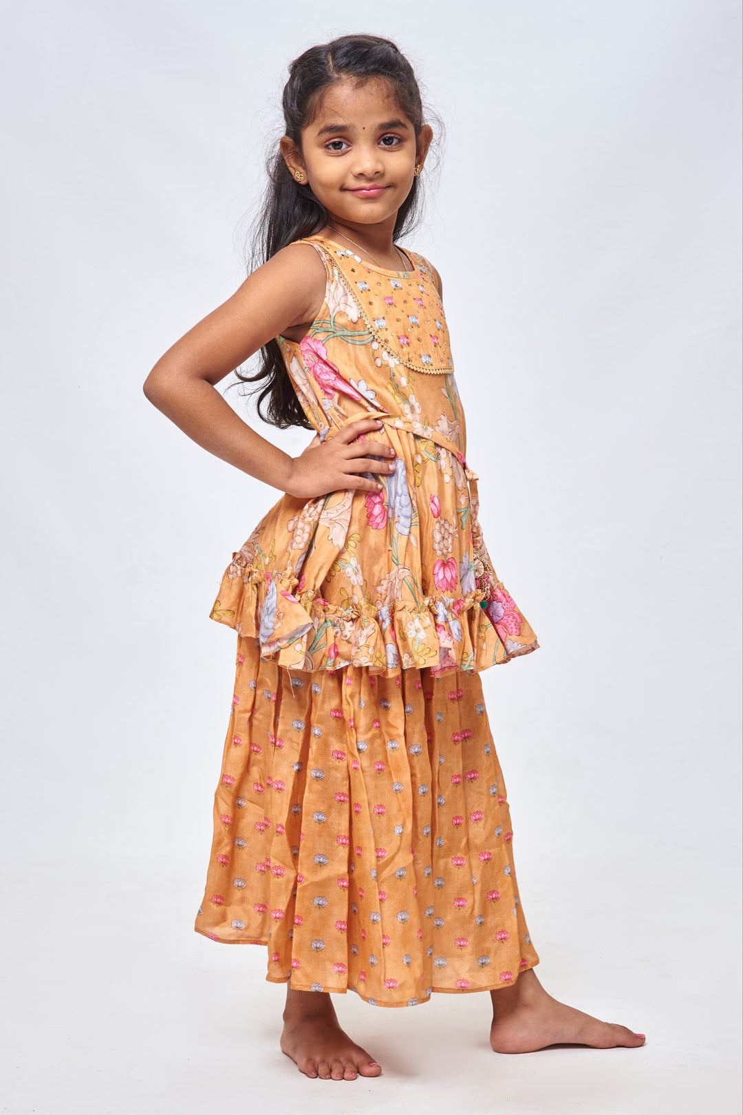 The Nesavu Girls Sharara / Plazo Set Vibrant Orange Floral Flared Kurti & Pleated Palazzo: Sun-Kissed Elegance for Girls- Designer Dress for Traditional Festives Nesavu Comfortable Kurti with Palazzo for Kids | Latest Diwali Designs 2023 | The Nesavu