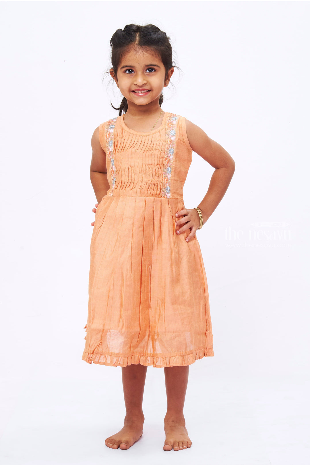 The Nesavu Girls Cotton Frock Vibrant Orange Pleated Frock with Delicate Lace Detail Nesavu 16 (1Y) / Orange / Chanderi GFC1241A-16 Chic Orange Girls Frock | Elegant Lace Detail | Trendy Sleeveless Design | The Nesavu