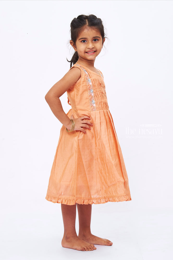 The Nesavu Girls Cotton Frock Vibrant Orange Pleated Frock with Delicate Lace Detail Nesavu Chic Orange Girls Frock | Elegant Lace Detail | Trendy Sleeveless Design | The Nesavu