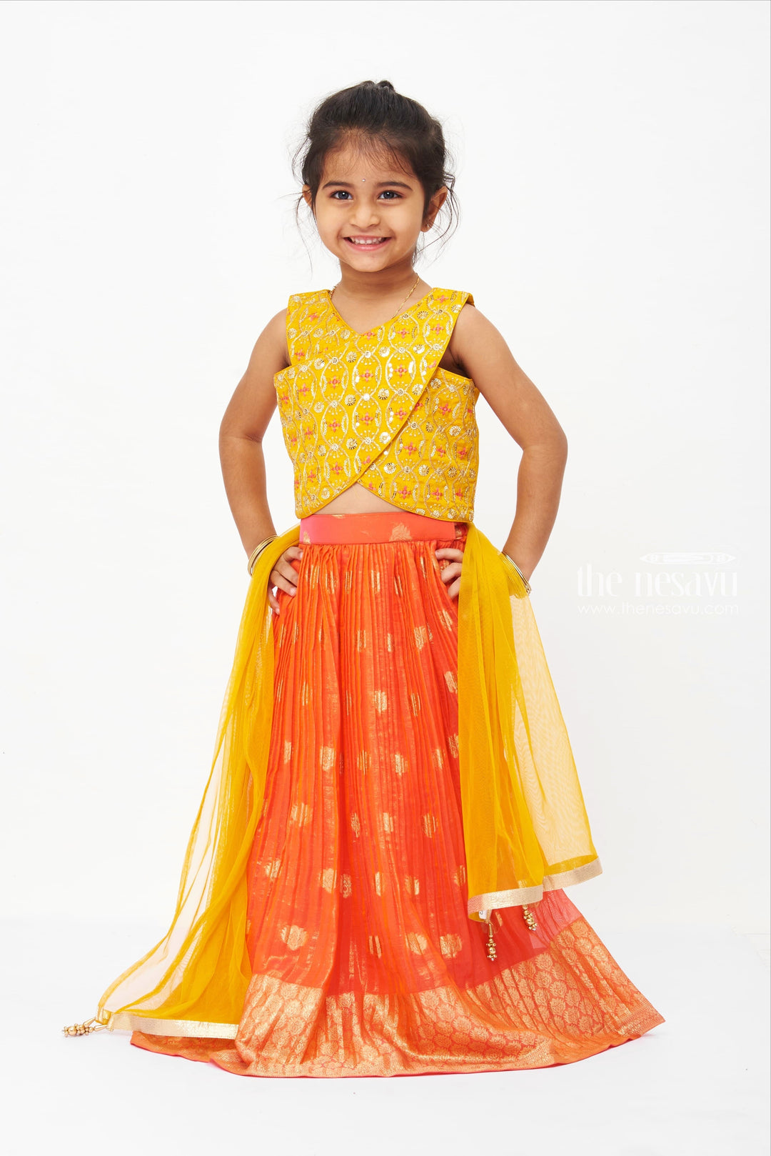 The Nesavu Girls Lehenga Choli Vibrant Pink and Yellow Traditional Lehenga Choli Set with Dupatta for Girls Nesavu 16 (1Y) / Pink / Silk Blend GL402A-16 Buy Girls Gold Lehenga Choli with Matching Dupatta | Traditional Festive Wear | The Nesavu