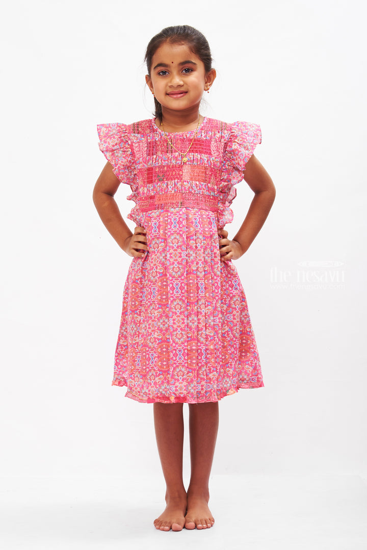 The Nesavu Girls Cotton Frock Vibrant Pink Smocked Cotton Frock for Girls with Traditional Print Nesavu 22 (4Y) / Pink / Cotton GFC1247A-22 Girls Summer Cotton Dress Essentials | Pink Smocked Frock | The Nesavu
