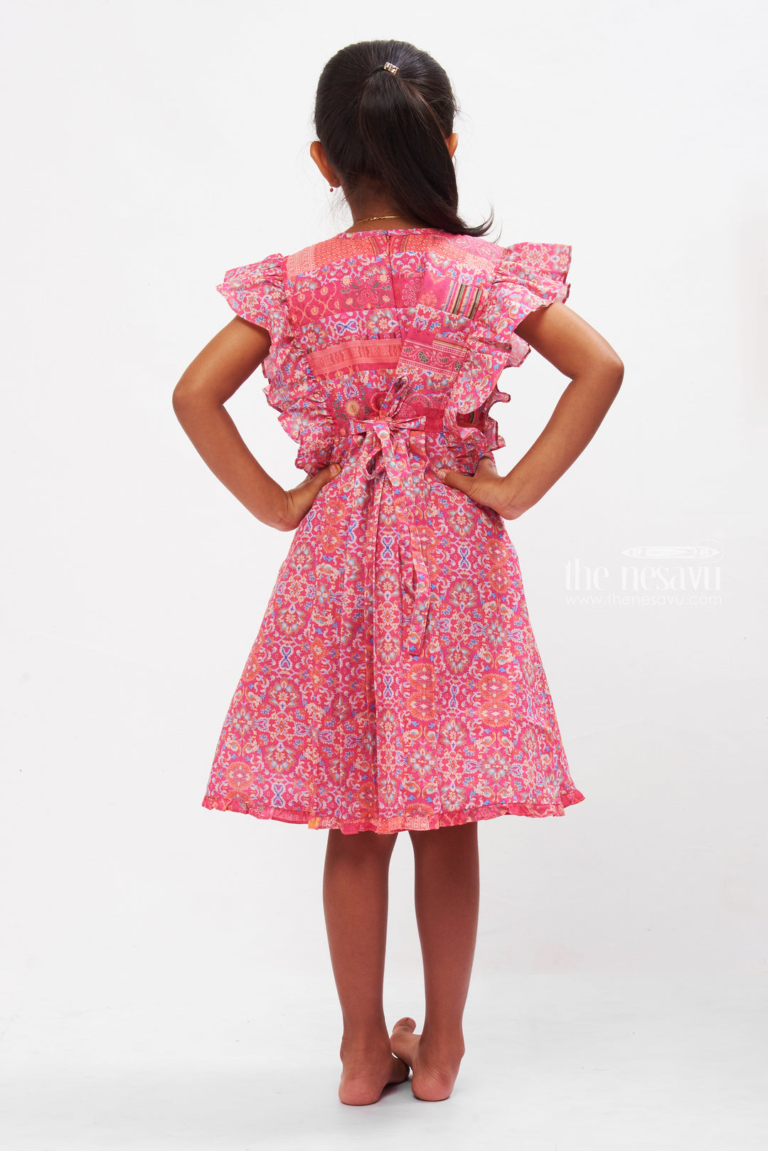 The Nesavu Girls Cotton Frock Vibrant Pink Smocked Cotton Frock for Girls with Traditional Print Nesavu Girls Summer Cotton Dress Essentials | Pink Smocked Frock | The Nesavu