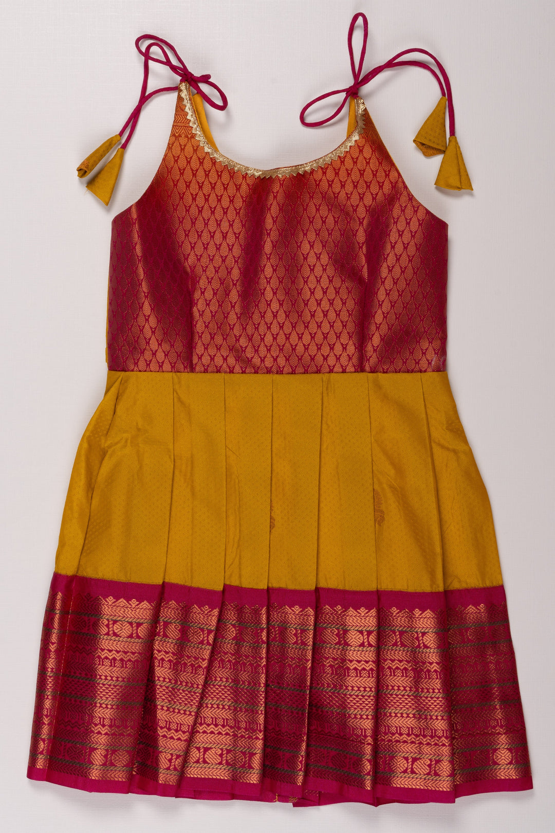 The Nesavu Tie Up Frock Vibrant Pink & Yellow Silk Tie-Up Dress - Festive Chic Nesavu 14 (6M) / Yellow / Style 1 T332A-14 Pink Silk Dress | Yellow Pleated Skirt | Traditional Elegance