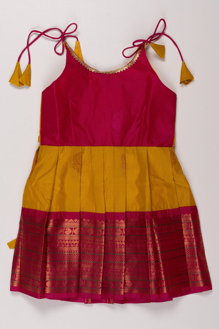 The Nesavu Tie Up Frock Vibrant Pink & Yellow Silk Tie-Up Dress - Festive Chic Nesavu 16 (1Y) / Yellow / Style 3 T332C-16 Pink Silk Dress | Yellow Pleated Skirt | Traditional Elegance