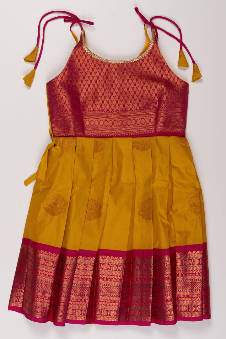 The Nesavu Tie Up Frock Vibrant Pink & Yellow Silk Tie-Up Dress - Festive Chic Nesavu 20 (3Y) / Yellow / Style 2 T332B-20 Pink Silk Dress | Yellow Pleated Skirt | Traditional Elegance
