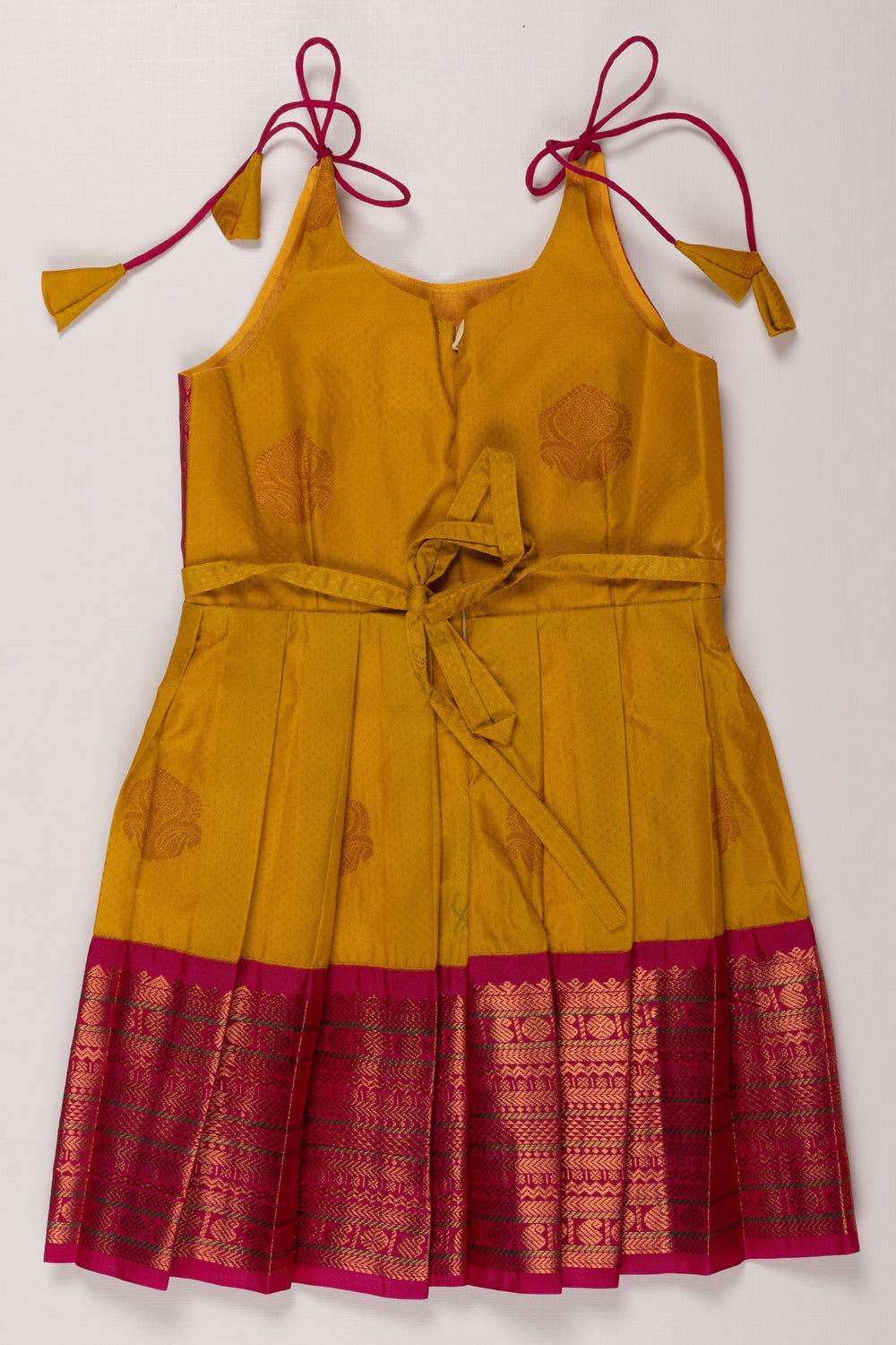 The Nesavu Tie Up Frock Vibrant Pink & Yellow Silk Tie-Up Dress - Festive Chic Nesavu Pink Silk Dress | Yellow Pleated Skirt | Traditional Elegance