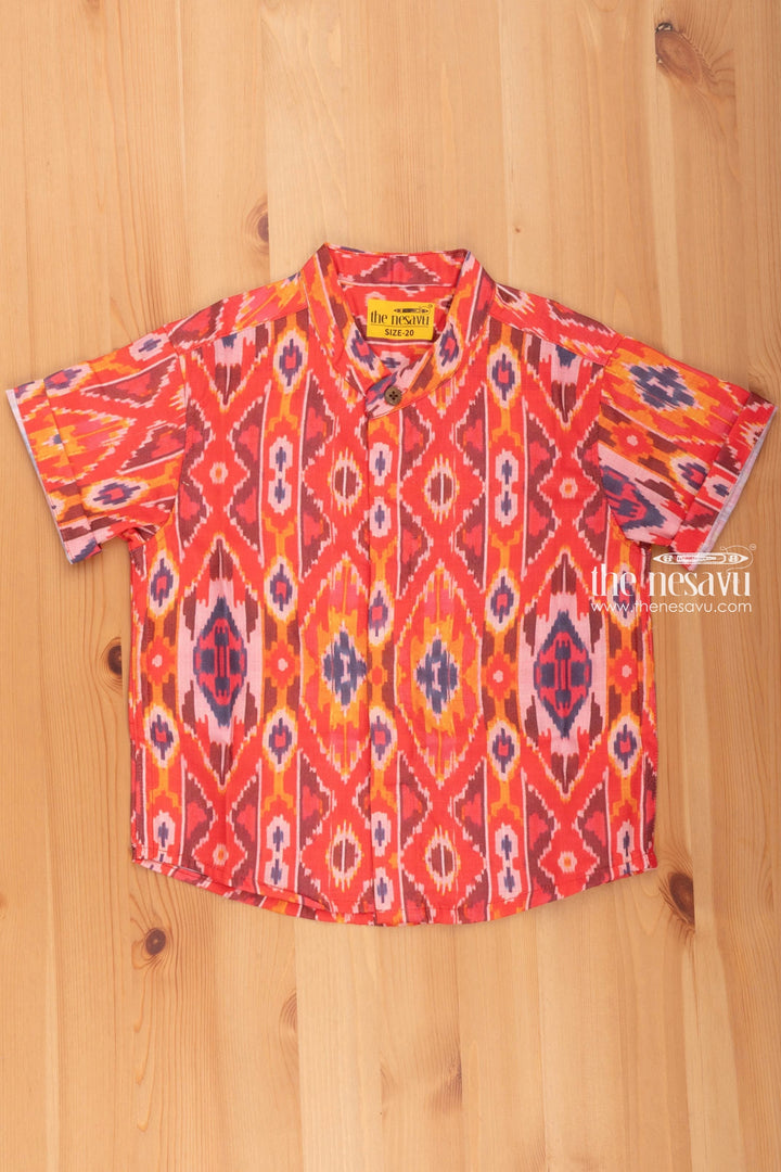 The Nesavu Boys Linen Shirt Vibrant Red Linen Shirt for Boys with Ikat Print Nesavu 16 (1Y) / Red / Linen BS088A-16 Best Newborn Dresses | Cotton Dress for Baby Girl | the Nesavu
