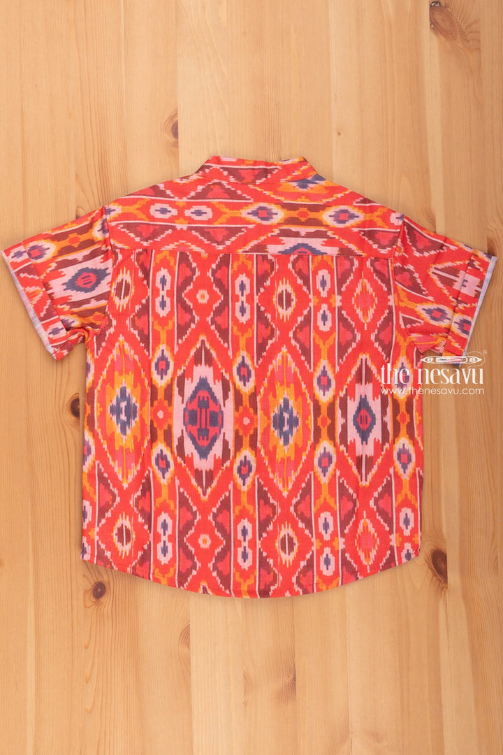 The Nesavu Boys Linen Shirt Vibrant Red Linen Shirt for Boys with Ikat Print Nesavu Best Newborn Dresses | Cotton Dress for Baby Girl | the Nesavu