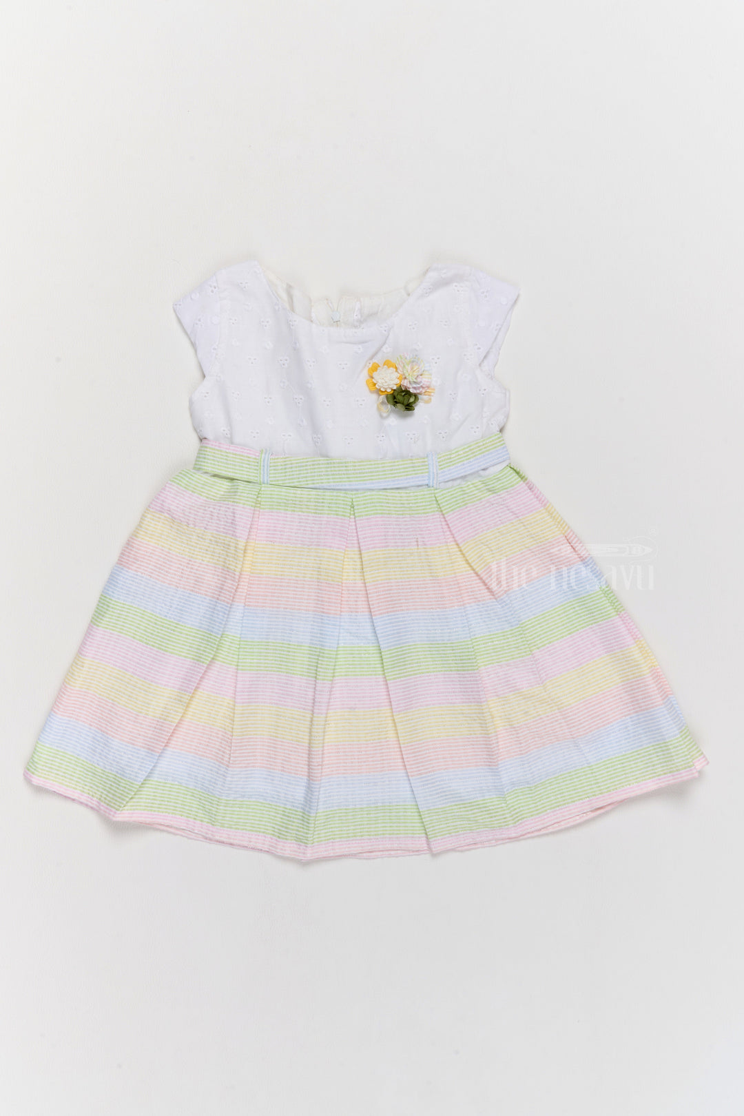 The Nesavu Girls Cotton Frock Vibrant Summer Cotton Kids Dress with Pastel Stripes and Floral Accents Nesavu 14 (6M) / Multicolor GFC1543A-14 Nesavu Vibrant Summer Cotton Dress Kids Pastel Stripes Floral Accents
