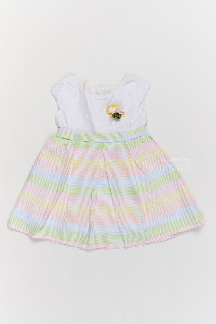 The Nesavu Girls Cotton Frock Vibrant Summer Cotton Kids Dress with Pastel Stripes and Floral Accents Nesavu 14 (6M) / Multicolor GFC1543A-14 Nesavu Vibrant Summer Cotton Dress Kids Pastel Stripes Floral Accents