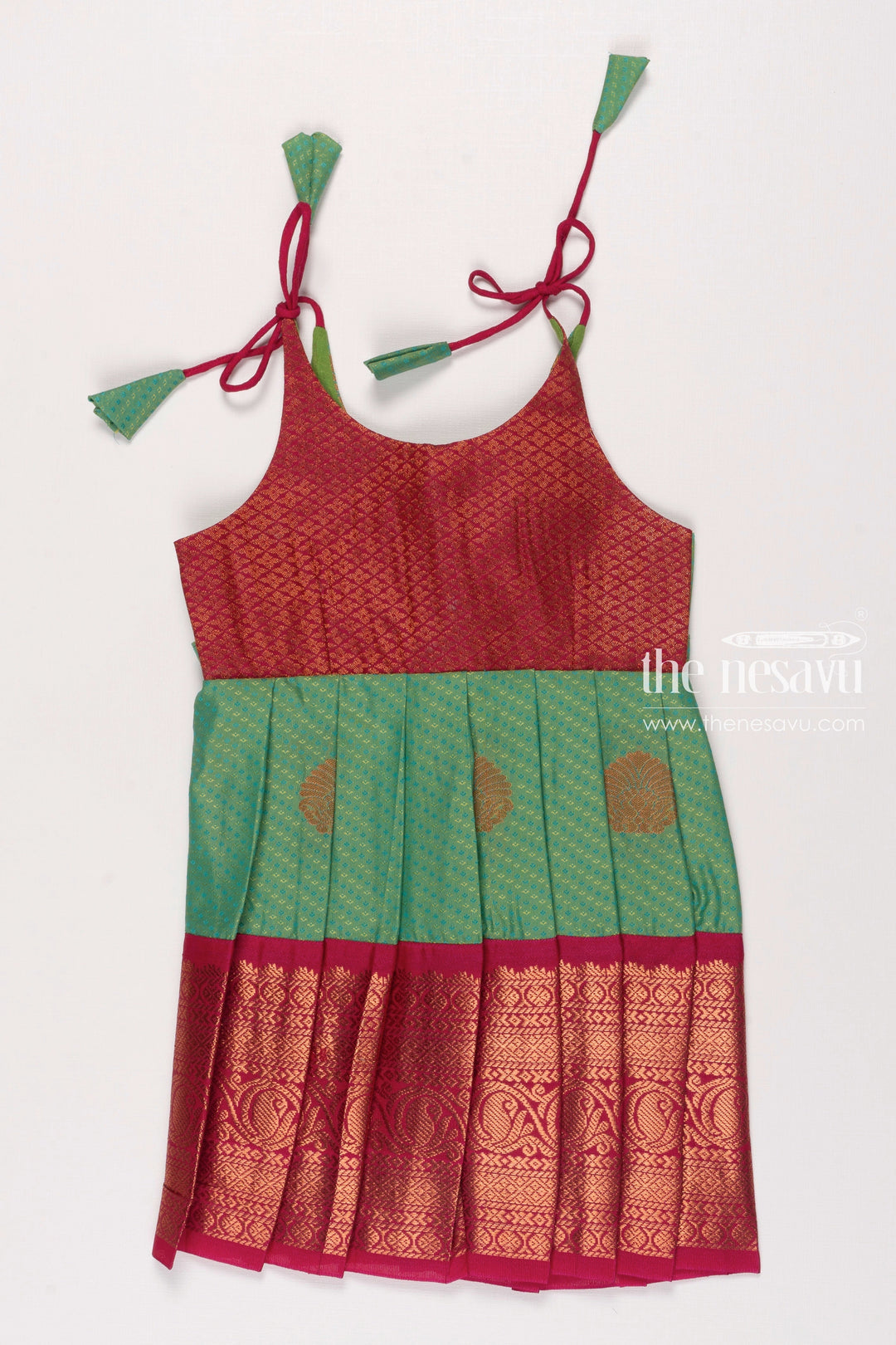 The Nesavu Tie-up Frock Vibrant TieUp Silk Frock for Girls  Contrast Magenta and Green with Traditional Patterns Nesavu 14 (6M) / Green / Style 1 T303A-14 Girls Magenta Green Silk Frock | Festive Tie Up Design | Traditional Chic Attire | The Nesavu