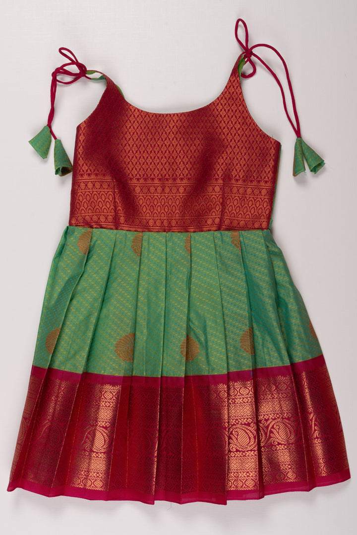 The Nesavu Tie-up Frock Vibrant TieUp Silk Frock for Girls  Contrast Magenta and Green with Traditional Patterns Nesavu 14 (6M) / Green / Style 2 T303B-14 Girls Magenta Green Silk Frock | Festive Tie Up Design | Traditional Chic Attire | The Nesavu