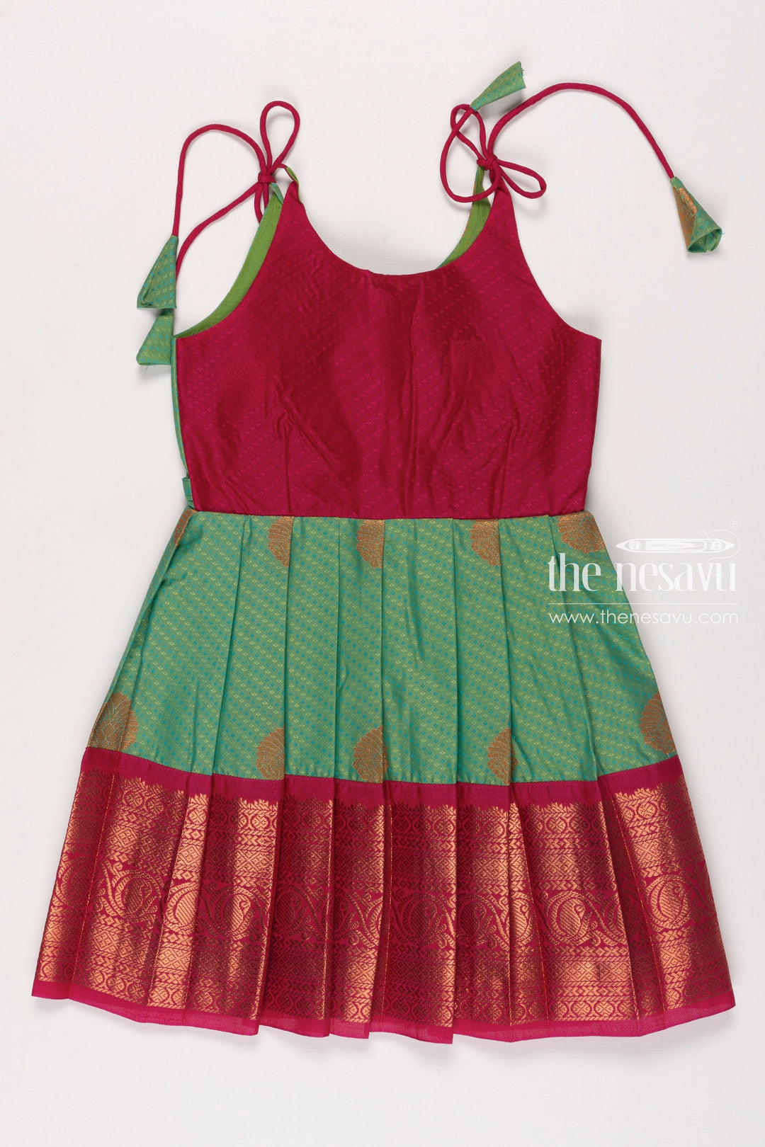 The Nesavu Tie-up Frock Vibrant TieUp Silk Frock for Girls  Contrast Magenta and Green with Traditional Patterns Nesavu 14 (6M) / Green / Style 3 T303C-14 Girls Magenta Green Silk Frock | Festive Tie Up Design | Traditional Chic Attire | The Nesavu