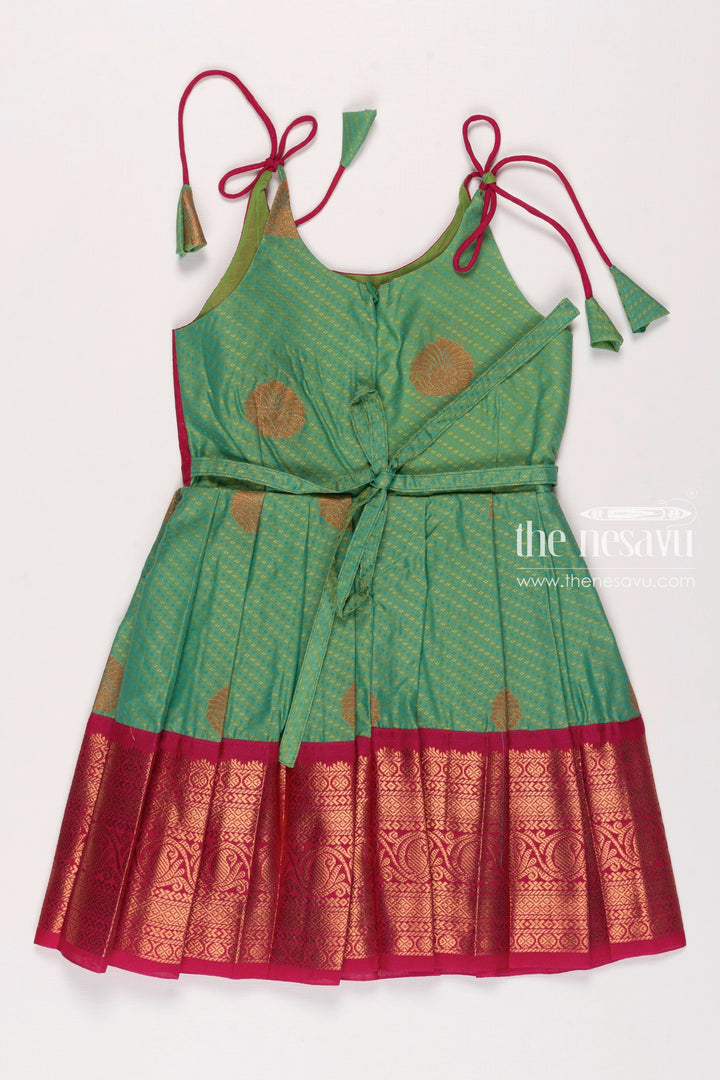 The Nesavu Tie-up Frock Vibrant TieUp Silk Frock for Girls  Contrast Magenta and Green with Traditional Patterns Nesavu Girls Magenta Green Silk Frock | Festive Tie Up Design | Traditional Chic Attire | The Nesavu