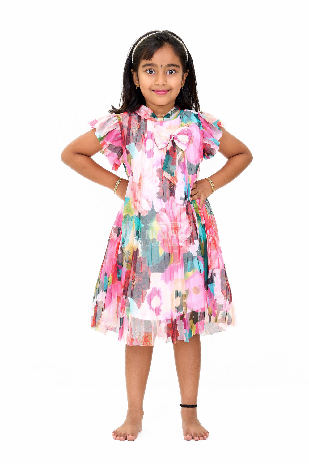 The Nesavu Girls Fancy Frock Vibrant Umbrella Frock in Georgette with Multicolor Floral Print for Girls Nesavu Multicolor Floral Umbrella Frock Girls Nesavu Georgette Fabric