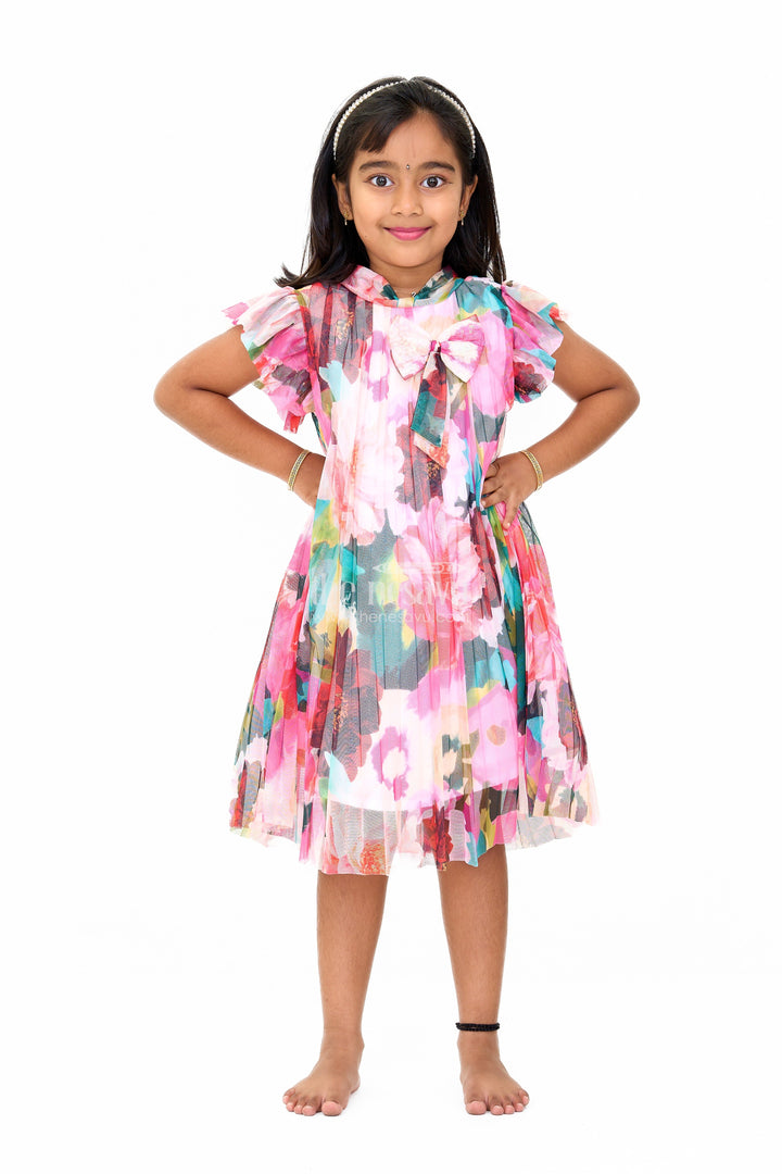 The Nesavu Girls Fancy Frock Vibrant Umbrella Frock in Georgette with Multicolor Floral Print for Girls Nesavu Multicolor Floral Umbrella Frock Girls Nesavu Georgette Fabric