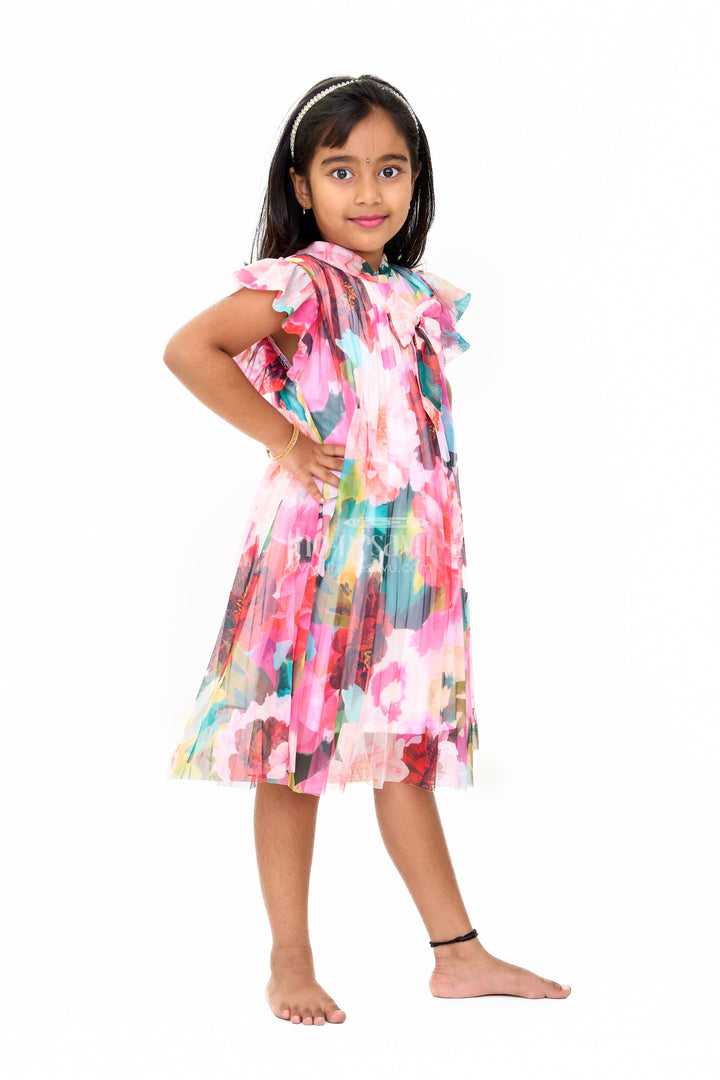 The Nesavu Girls Fancy Frock Vibrant Umbrella Frock in Georgette with Multicolor Floral Print for Girls Nesavu Multicolor Floral Umbrella Frock Girls Nesavu Georgette Fabric