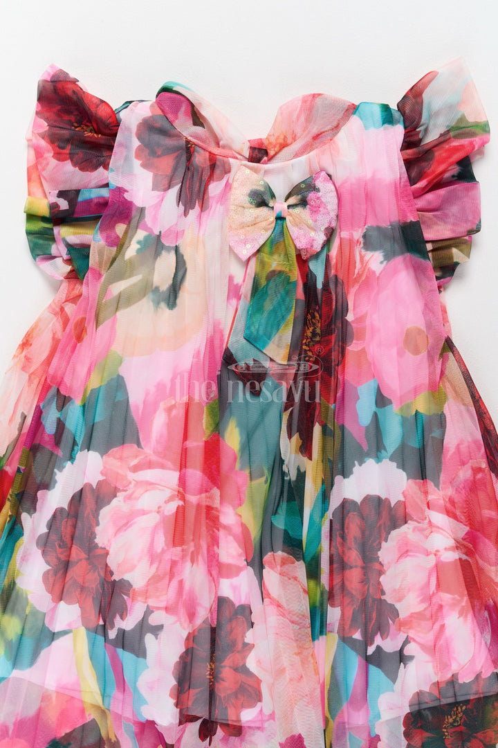 The Nesavu Girls Fancy Frock Vibrant Umbrella Frock in Georgette with Multicolor Floral Print for Girls Nesavu Multicolor Floral Umbrella Frock Girls Nesavu Georgette Fabric