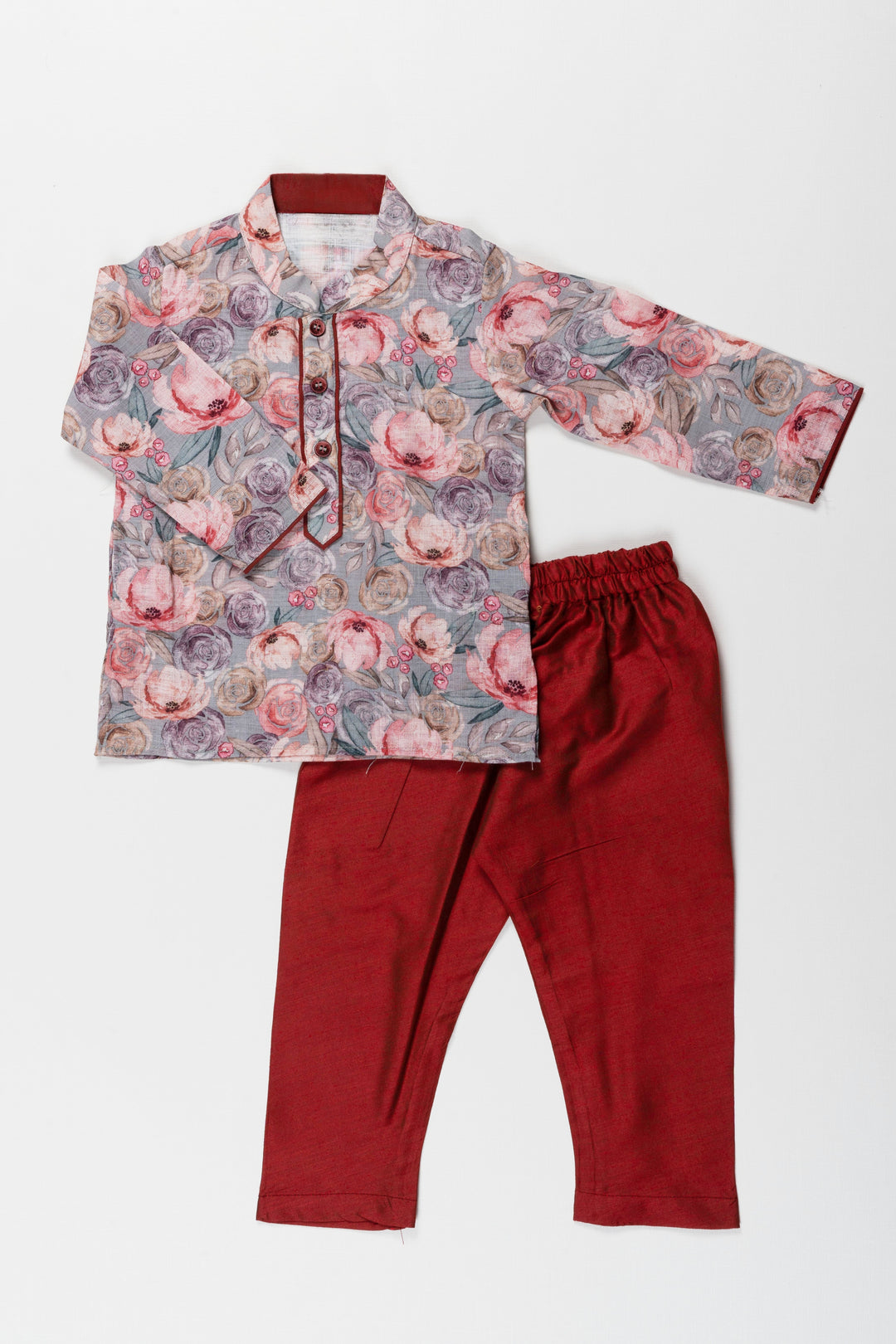 The Nesavu Boys Kurtha Set Vibrant Watercolor Floral Printed Semi-Linen Boys Kurta Pant Set - Perfect for Festive and Casual Wear Nesavu 12 (3M) / Gray / Linen Blend BES550A-12 Vibrant Watercolor Floral Printed Semi-Linen Boys Kurta Pant Set - Festive & Casual Wear