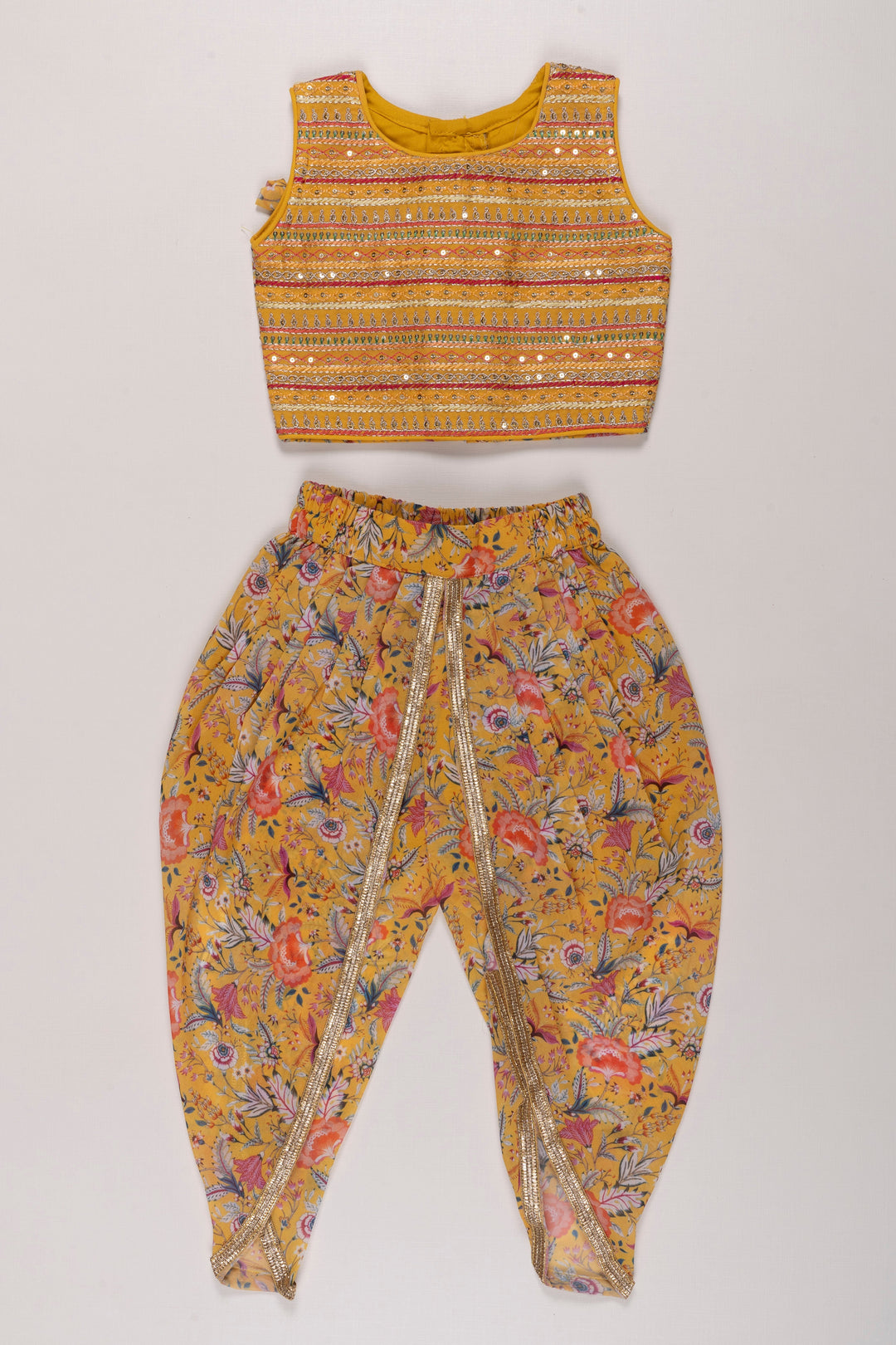 The Nesavu Girls Dothi Sets Vibrant Yellow Crop Top with Floral Dhoti Pant Set for Girls Nesavu 16 (1Y) / Yellow GPS259A-16 Girls Yellow Crop Top Floral Dhoti Pant Set | Festive Ethnic Wear for Girls | The Nesavu