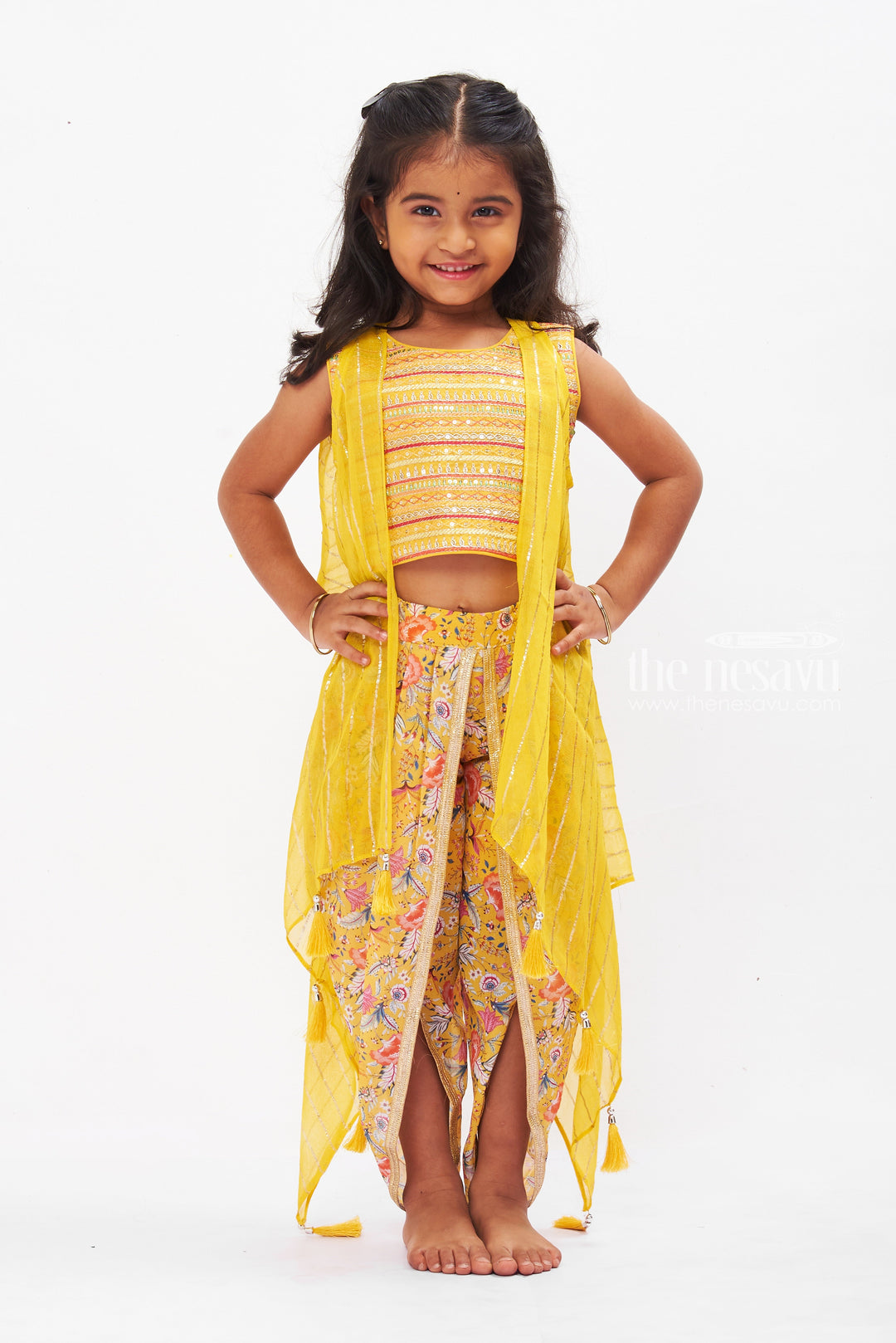The Nesavu Girls Dothi Sets Vibrant Yellow Crop Top with Floral Dhoti Pant Set for Girls Nesavu 16 (1Y) / Yellow GPS259A-16 Girls Yellow Crop Top Floral Dhoti Pant Set | Festive Ethnic Wear for Girls | The Nesavu