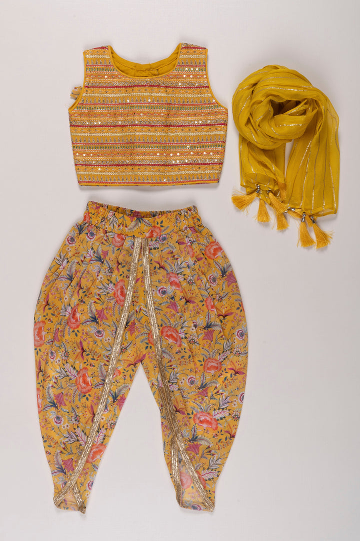 The Nesavu Girls Dothi Sets Vibrant Yellow Crop Top with Floral Dhoti Pant Set for Girls Nesavu Girls Yellow Crop Top Floral Dhoti Pant Set | Festive Ethnic Wear for Girls | The Nesavu