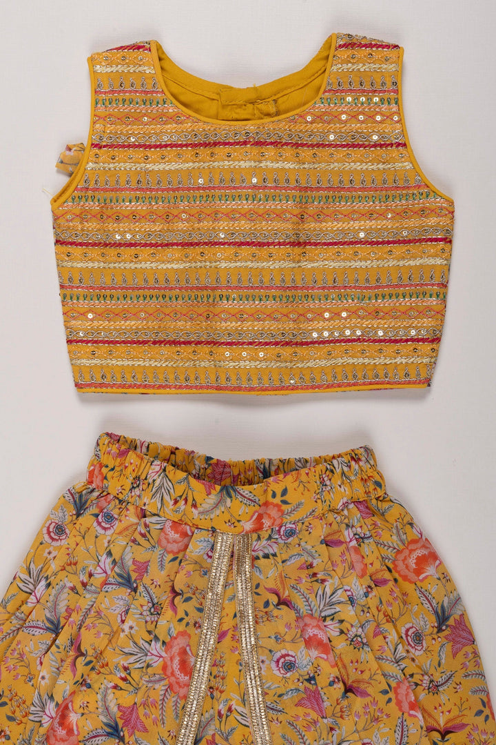 The Nesavu Girls Dothi Sets Vibrant Yellow Crop Top with Floral Dhoti Pant Set for Girls Nesavu Girls Yellow Crop Top Floral Dhoti Pant Set | Festive Ethnic Wear for Girls | The Nesavu