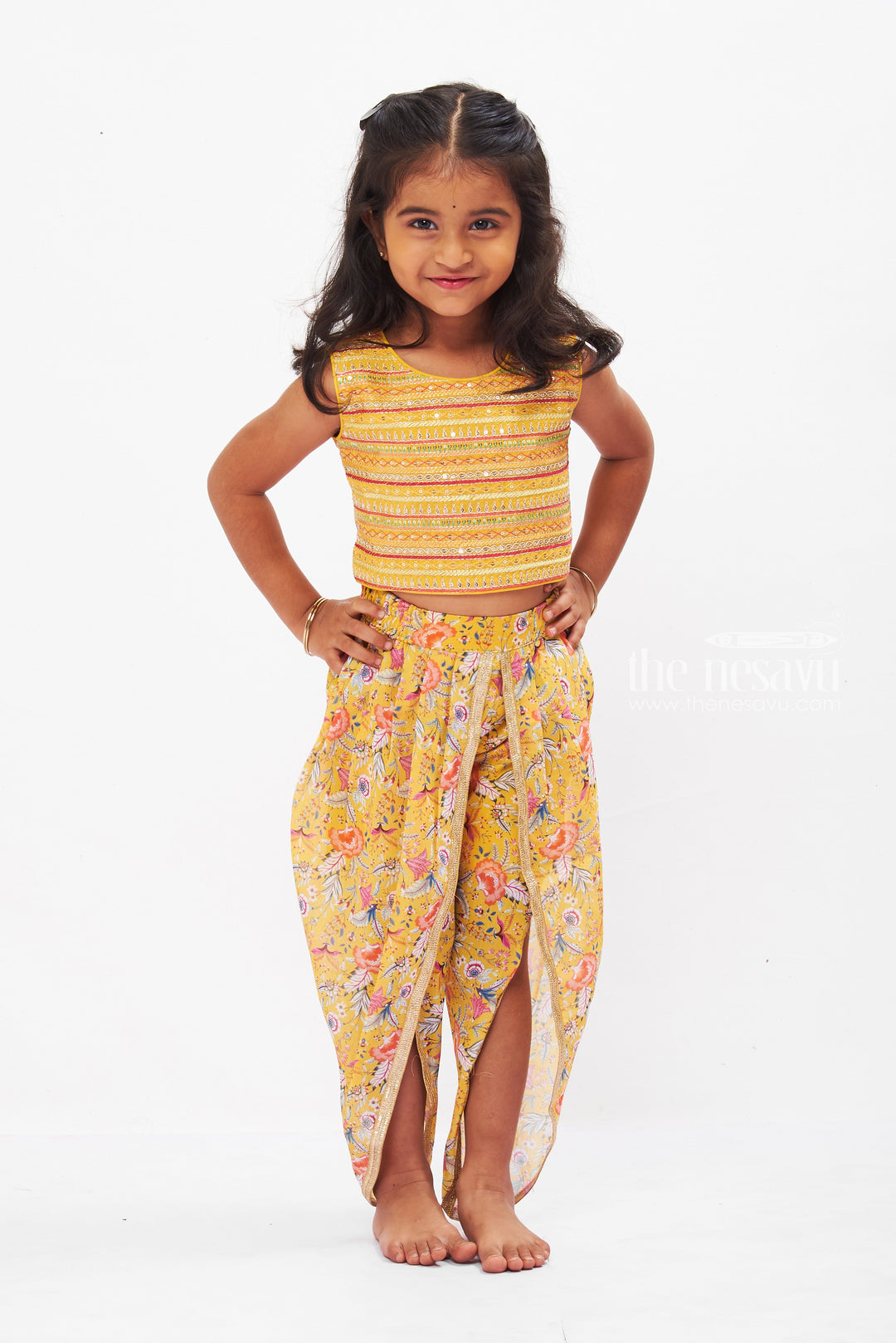 The Nesavu Girls Dothi Sets Vibrant Yellow Crop Top with Floral Dhoti Pant Set for Girls Nesavu Girls Yellow Crop Top Floral Dhoti Pant Set | Festive Ethnic Wear for Girls | The Nesavu