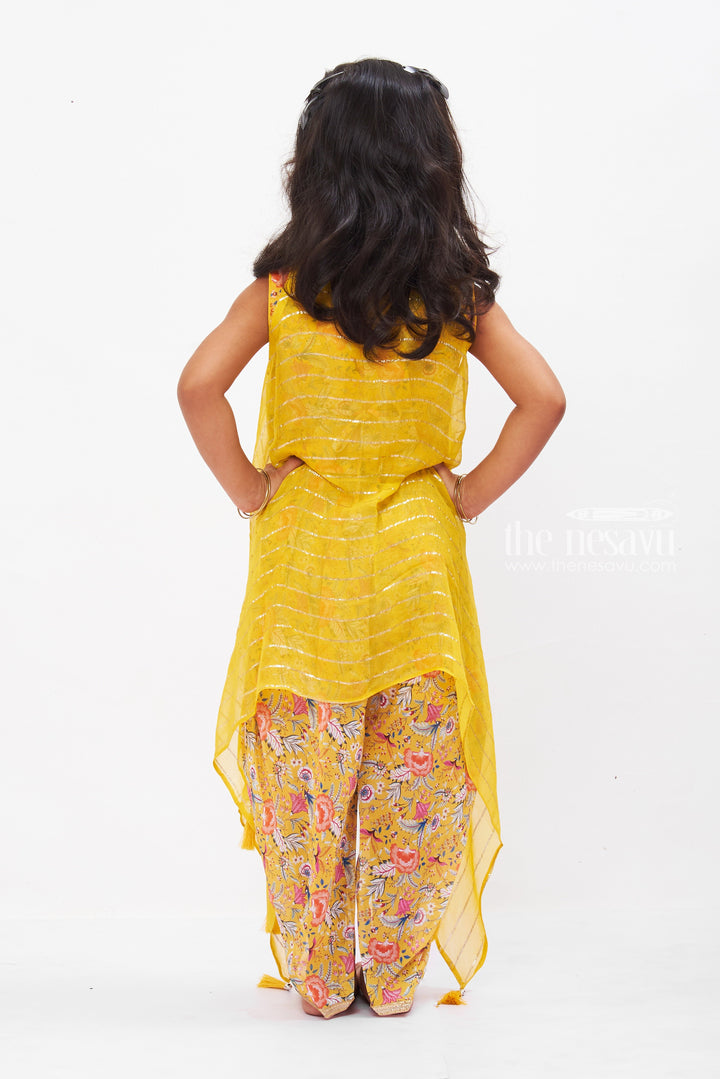 The Nesavu Girls Dothi Sets Vibrant Yellow Crop Top with Floral Dhoti Pant Set for Girls Nesavu Girls Yellow Crop Top Floral Dhoti Pant Set | Festive Ethnic Wear for Girls | The Nesavu