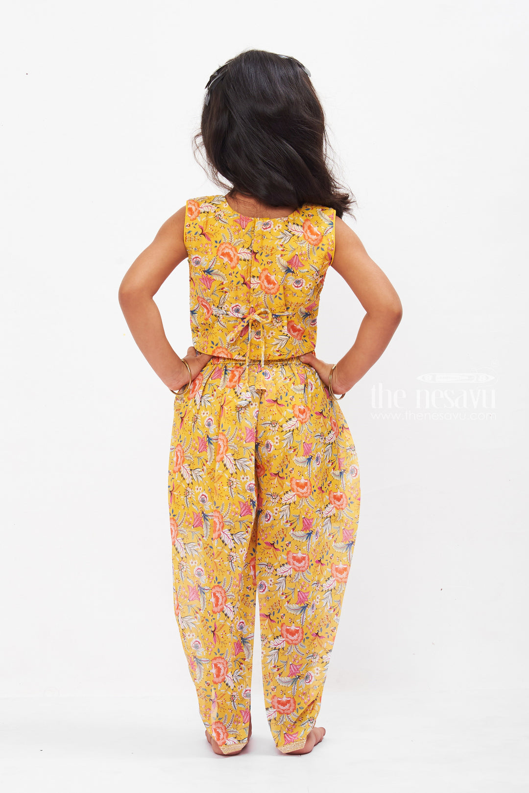 The Nesavu Girls Dothi Sets Vibrant Yellow Crop Top with Floral Dhoti Pant Set for Girls Nesavu Girls Yellow Crop Top Floral Dhoti Pant Set | Festive Ethnic Wear for Girls | The Nesavu