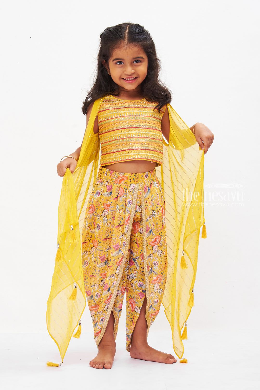 The Nesavu Girls Dothi Sets Vibrant Yellow Crop Top with Floral Dhoti Pant Set for Girls Nesavu Girls Yellow Crop Top Floral Dhoti Pant Set | Festive Ethnic Wear for Girls | The Nesavu