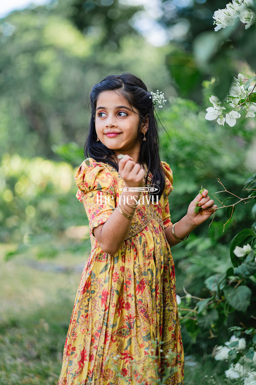 The Nesavu Girls Party Gown Vibrant Yellow Floral Muslin Silk Party Gown for Girls Nesavu 18 (2Y) / Yellow GA228B-18 Vibrant Yellow Floral Muslin Silk Party Gown for Girls - Elegant & Festive | The Nesavu