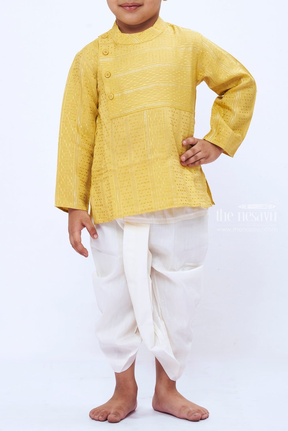 The Nesavu Boys Dothi Set Vibrant Yellow Kurta with White Dhoti Set Infant Boys Party Dress Nesavu Boys Yellow Kurta and White Dhoti Set | Festive Ethnic Wear | Bright Traditional Attire | The Nesavu