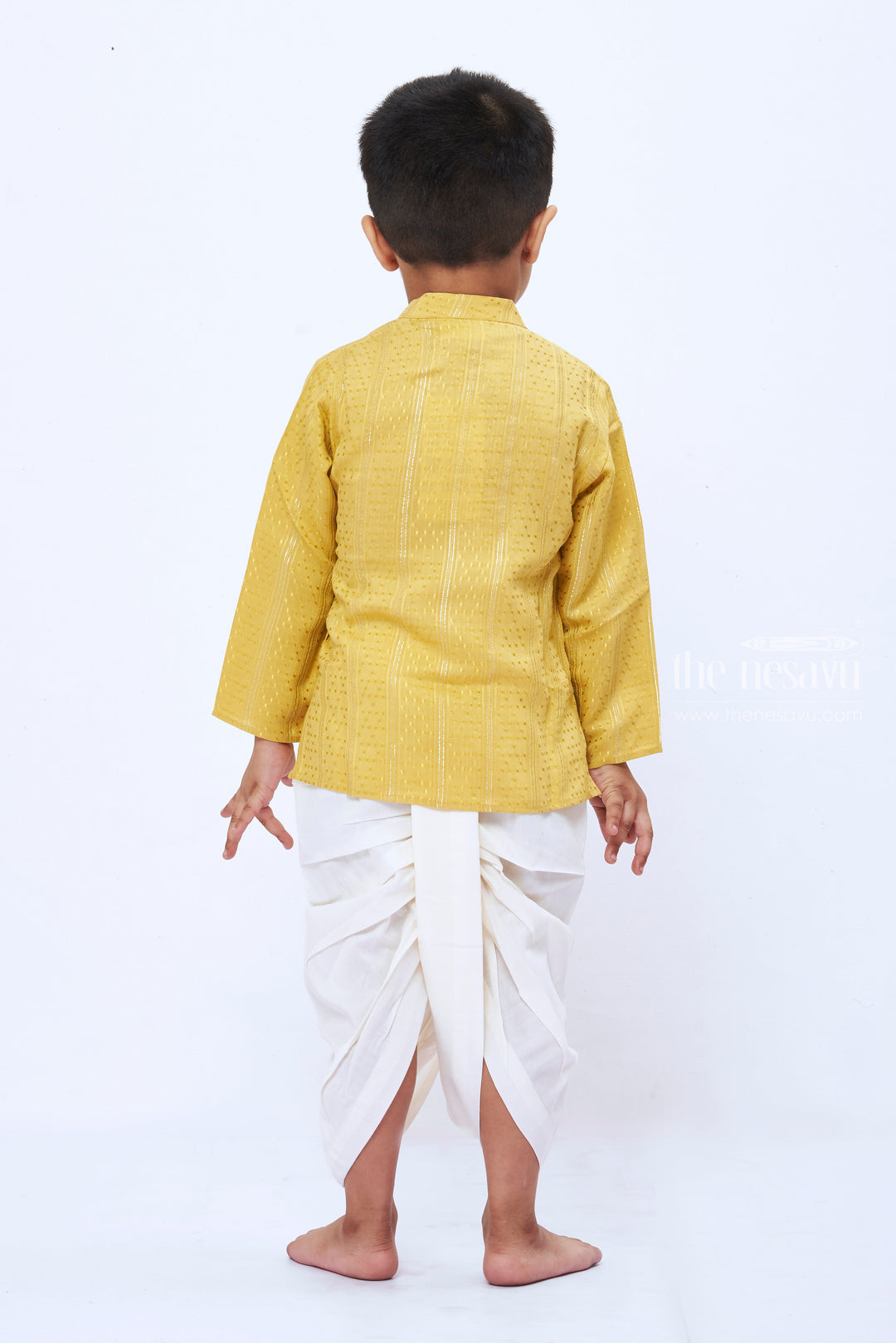 The Nesavu Boys Dothi Set Vibrant Yellow Kurta with White Dhoti Set Infant Boys Party Dress Nesavu Boys Yellow Kurta and White Dhoti Set | Festive Ethnic Wear | Bright Traditional Attire | The Nesavu