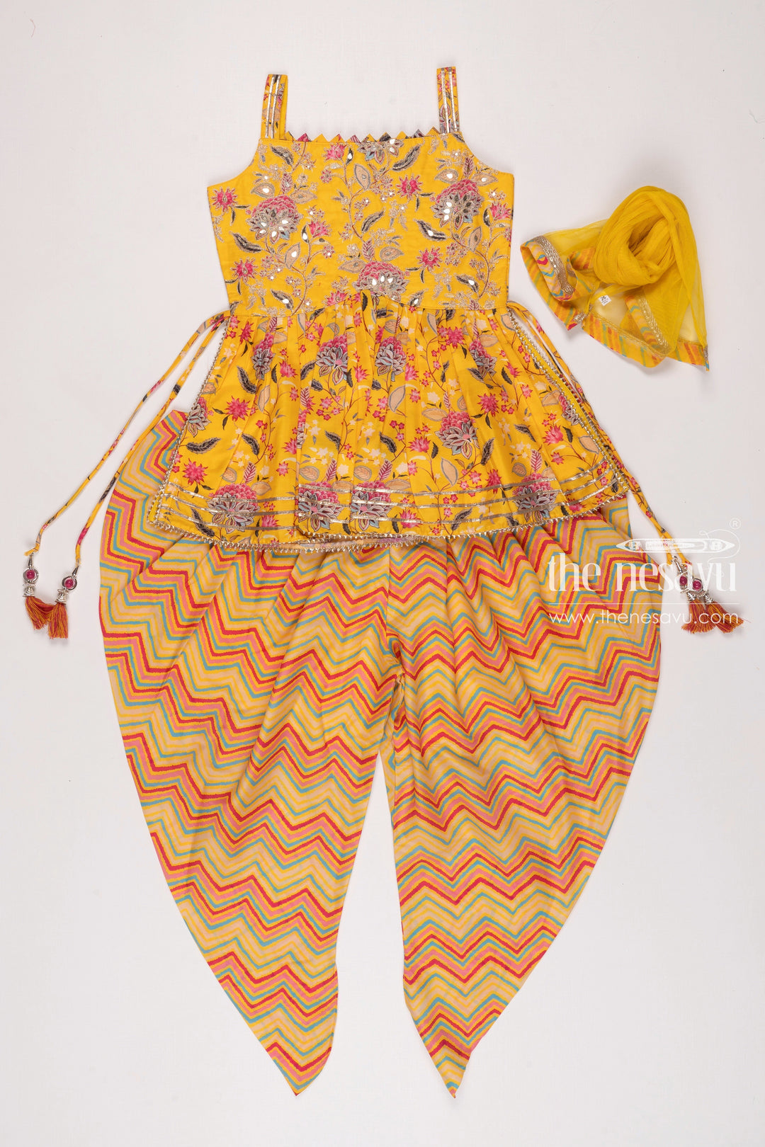 The Nesavu Girls Dothi Sets Vibrant Yellow Kurti with Chevron Dhoti Pants and Dupatta Set Nesavu 18 (2Y) / Yellow GPS199B-18 Girls Ethnic Yellow Floral Kurti Pants Set | Trendy Festive Wear | The Nesavu