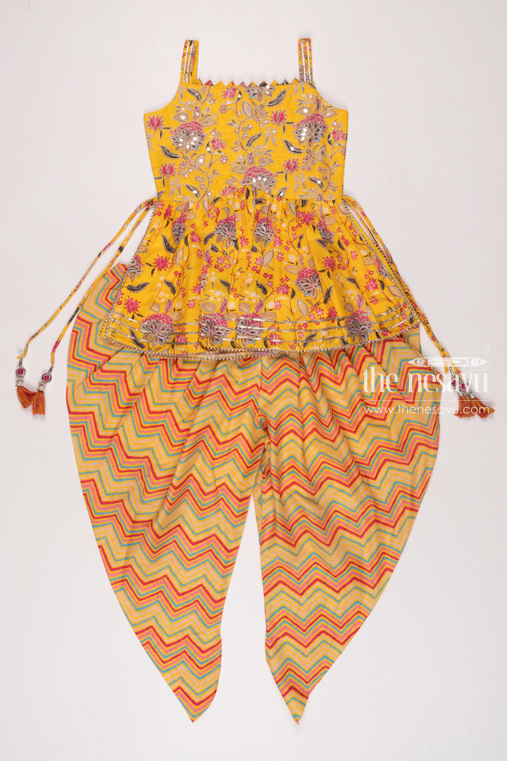 The Nesavu Girls Dothi Sets Vibrant Yellow Kurti with Chevron Dhoti Pants and Dupatta Set Nesavu Girls Ethnic Yellow Floral Kurti Pants Set | Trendy Festive Wear | The Nesavu